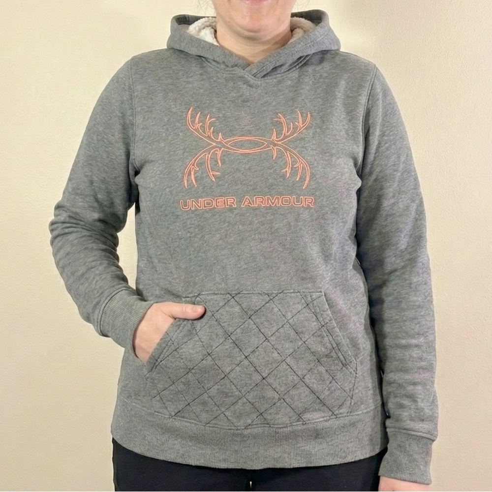 Under Armour Gray Antler Logo Hoodie Sweatshirt Quilted Pocket Contrast Hood L